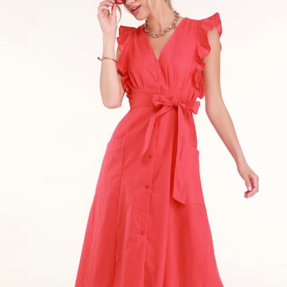 Lulus coral red button up midi dress NWT